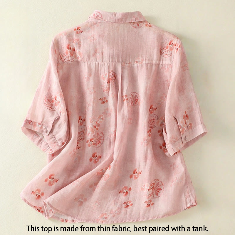 Buddha Stones Printing Frog-Buttons Lapel Half Sleeve Women's Cotton Shirt - image 1