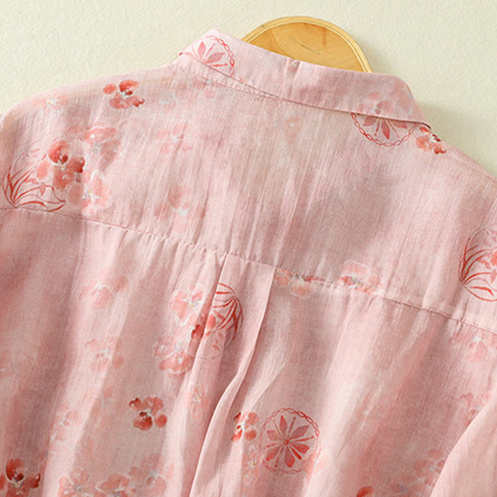 Buddha Stones Printing Frog-Buttons Lapel Half Sleeve Women's Cotton Shirt - image 4