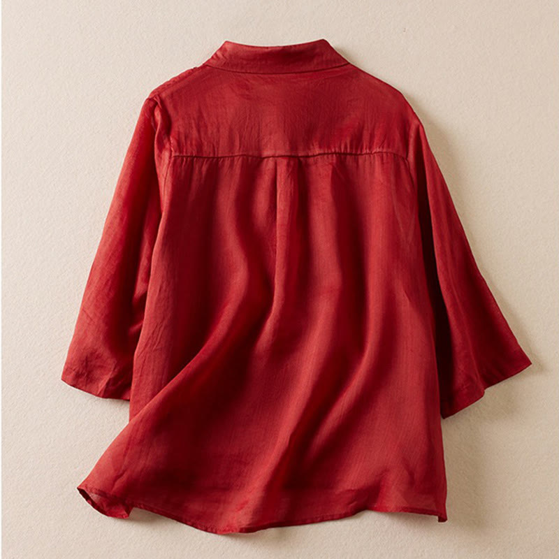 Buddha Stones Retro Plain Fake Two Pieces Button Half Sleeve Design Women's Cotton Linen Shirt - image 9