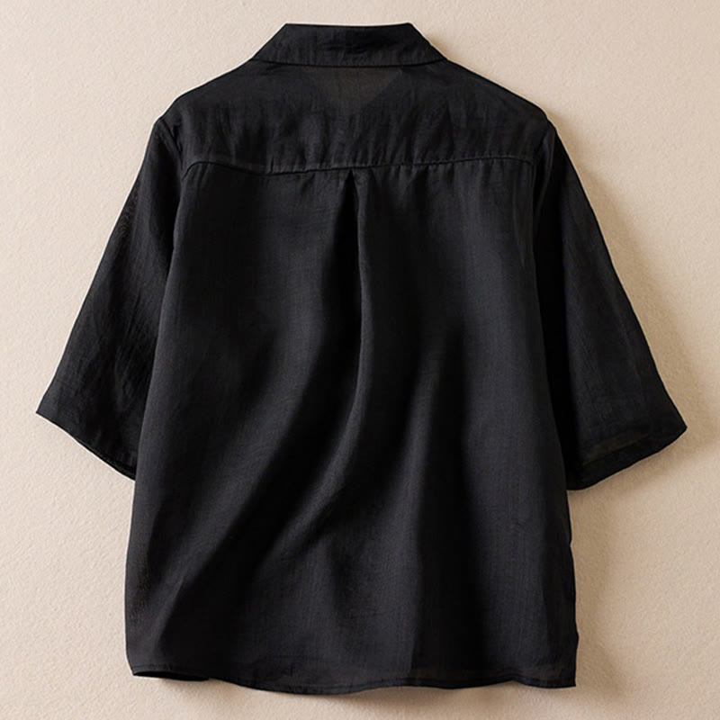 Buddha Stones Retro Plain Fake Two Pieces Button Half Sleeve Design Women's Cotton Linen Shirt - Black - US12，UK/AU16，EU44 (2XL) - image 27