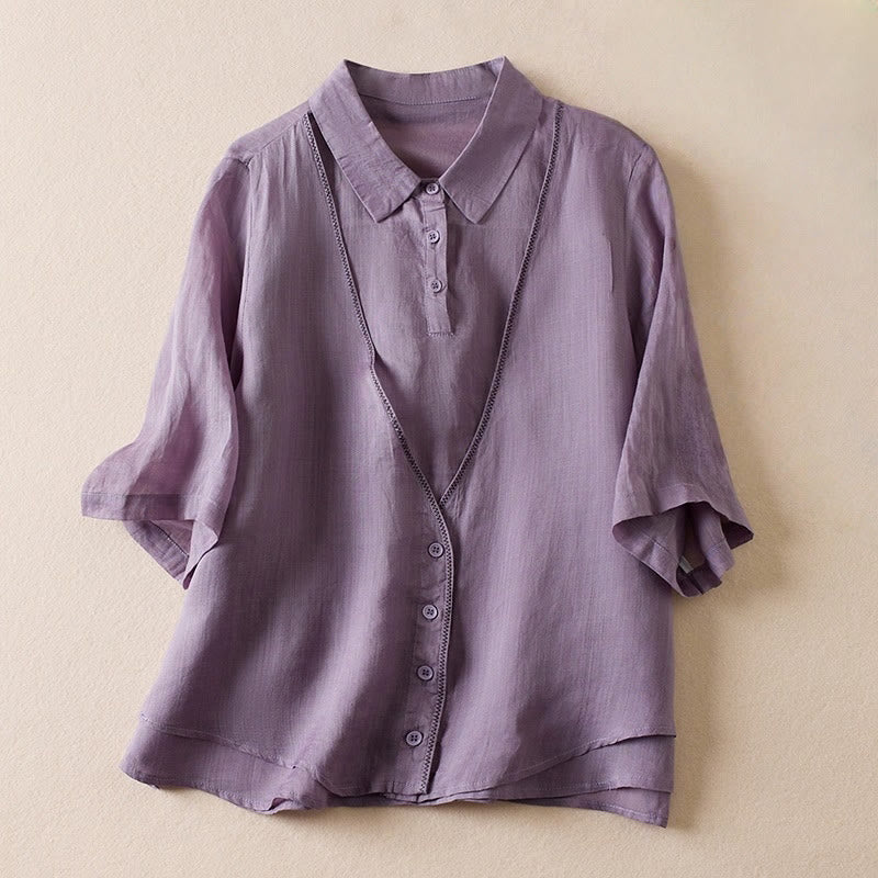 Buddha Stones Retro Plain Fake Two Pieces Button Half Sleeve Design Women's Cotton Linen Shirt - MediumOrchid - US12，UK/AU16，EU44 (2XL) - image 0