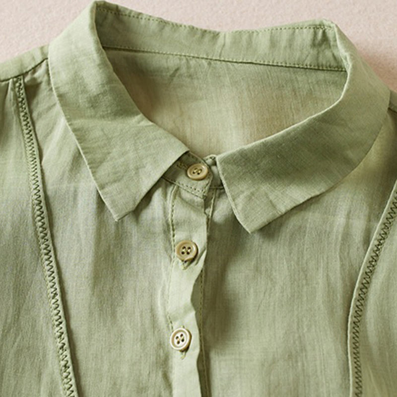 Buddha Stones Retro Plain Fake Two Pieces Button Half Sleeve Design Women's Cotton Linen Shirt - image 20