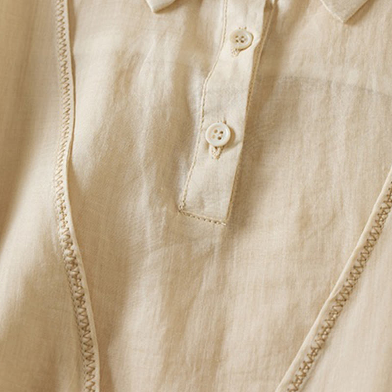 Buddha Stones Retro Plain Fake Two Pieces Button Half Sleeve Design Women's Cotton Linen Shirt - image 37