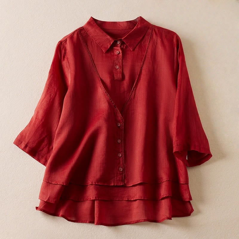 Buddha Stones Retro Plain Fake Two Pieces Button Half Sleeve Design Women's Cotton Linen Shirt - Crimson - US12，UK/AU16，EU44 (2XL) - image 8