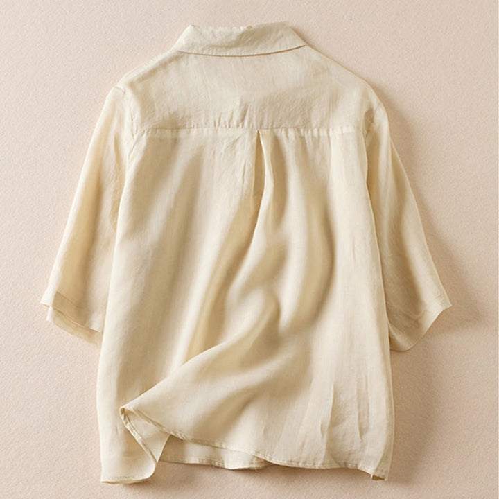 Buddha Stones Retro Plain Fake Two Pieces Button Half Sleeve Design Women's Cotton Linen Shirt - image 36