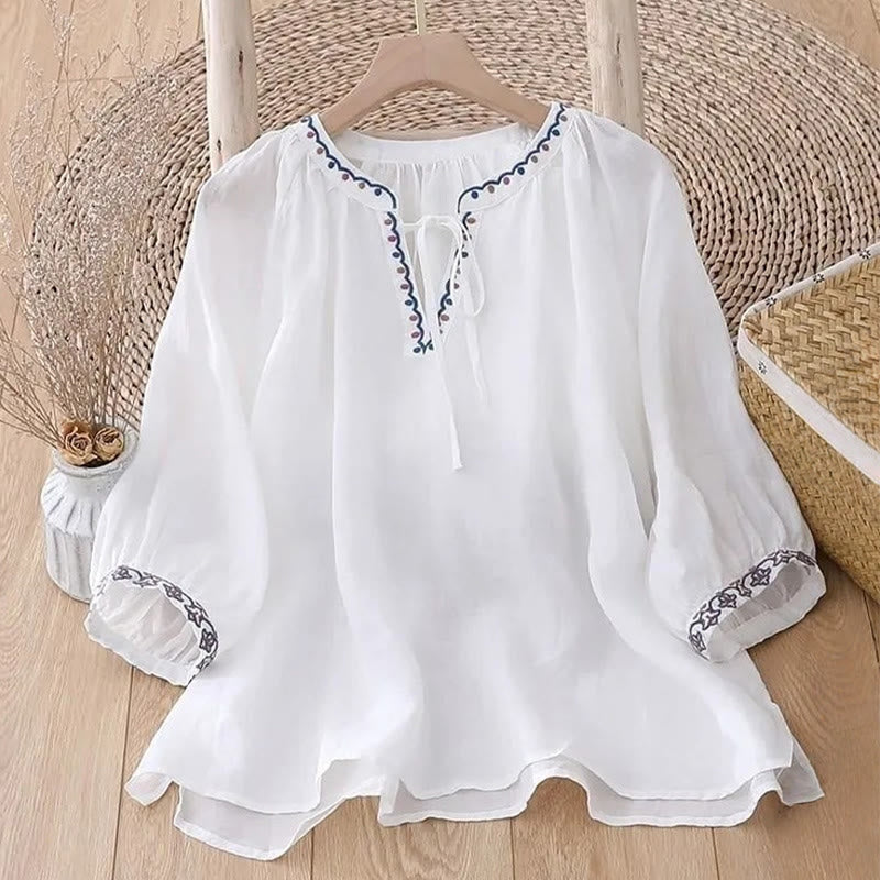 Buddha Stones Summer Embroided Three Quarter Lantern Sleeve Women's Cotton Linen T-Shirt - image 5