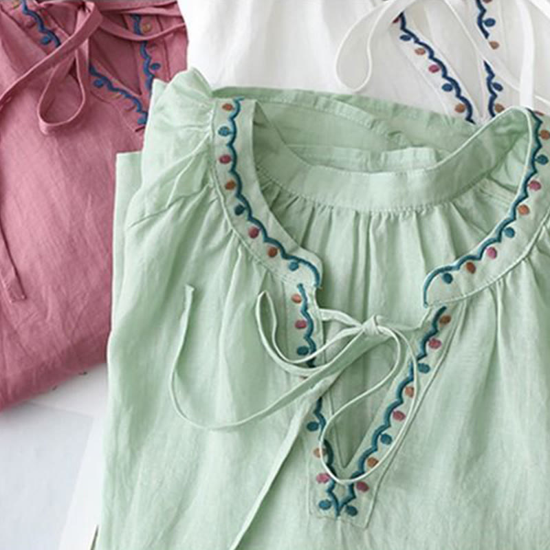 Buddha Stones Summer Embroided Three Quarter Lantern Sleeve Women's Cotton Linen T-Shirt - image 17