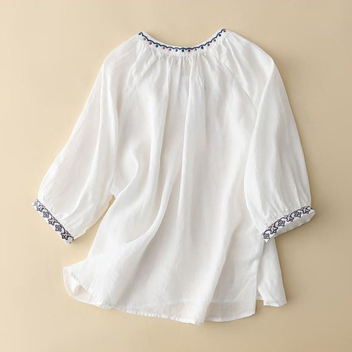 Buddha Stones Summer Embroided Three Quarter Lantern Sleeve Women's Cotton Linen T-Shirt - image 6