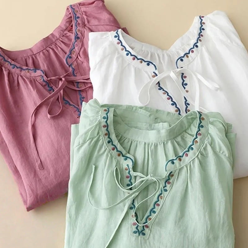 Buddha Stones Summer Embroided Three Quarter Lantern Sleeve Women's T-Shirt - image 16