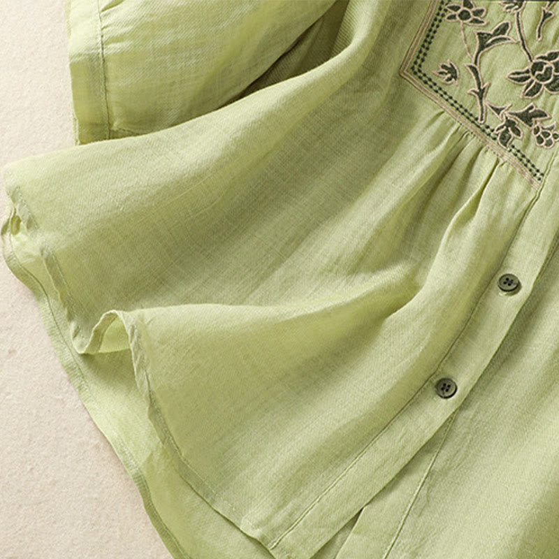 Buddha Stones Embroidery Single Breasted Women's Cotton Linen Three Quarter Sleeve Shirt - image 6