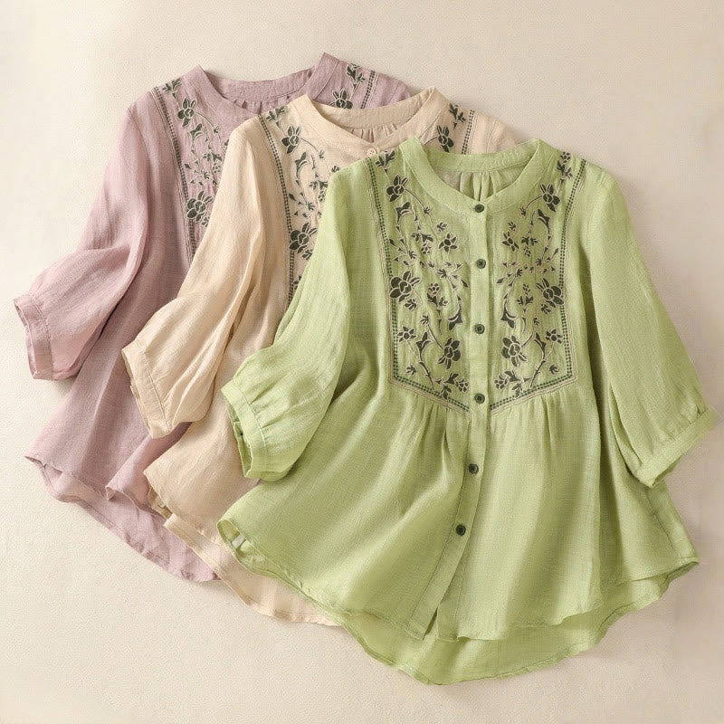 Buddha Stones Embroidery Single Breasted Women's Cotton Linen Three Quarter Sleeve Shirt - image 25