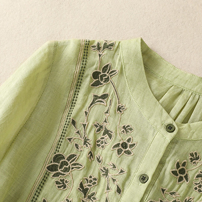 Buddha Stones Embroidery Single Breasted Women's Cotton Linen Three Quarter Sleeve Shirt - image 2