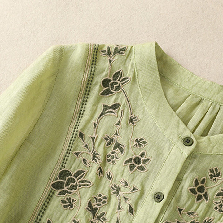 Buddha Stones Embroidery Single Breasted Women's Cotton Linen Three Quarter Sleeve Shirt - image 2