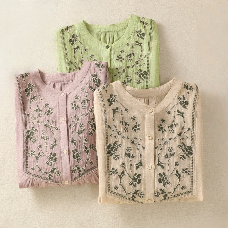 Buddha Stones Embroidery Single Breasted Women's Cotton Linen Three Quarter Sleeve Shirt - image 26