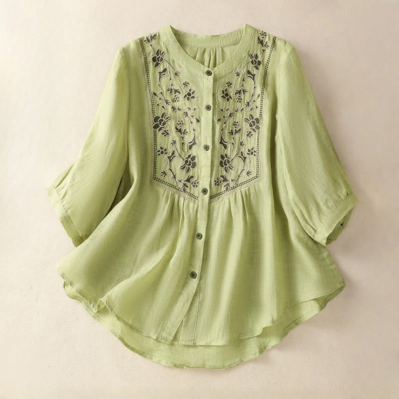 Buddha Stones Embroidery Single Breasted Women's Cotton Linen Three Quarter Sleeve Shirt - LightGreen - US12，UK/AU16，EU44 (2XL) - image 0