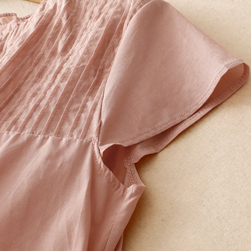 Buddha Stones Summer Pure Color Ruffled Pleated Design Women's Cotton Short Sleeve Shirt - image 4