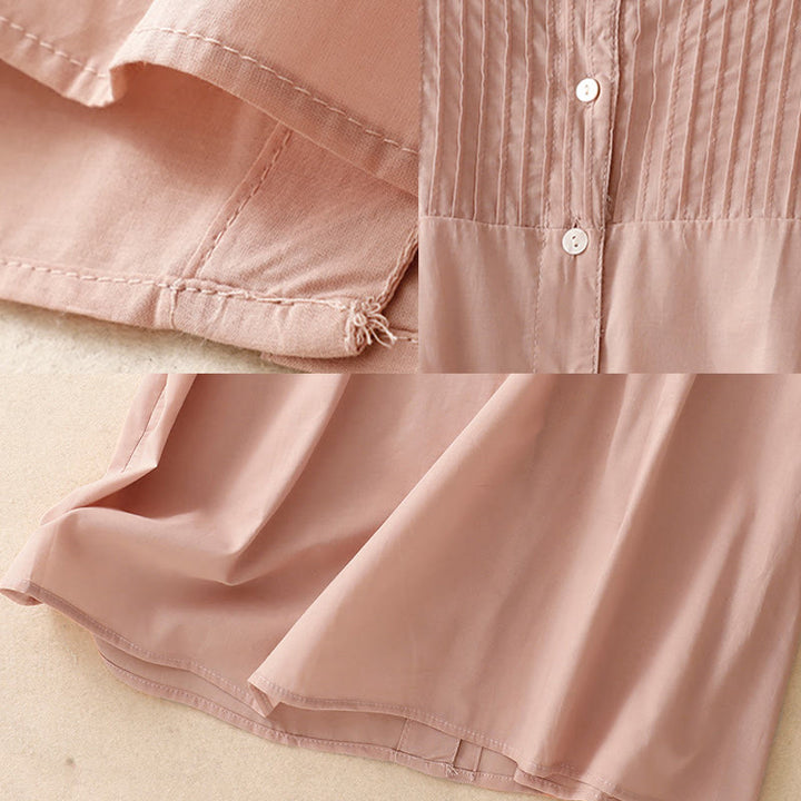 Buddha Stones Summer Pure Color Ruffled Pleated Design Women's Cotton Short Sleeve Shirt - image 5