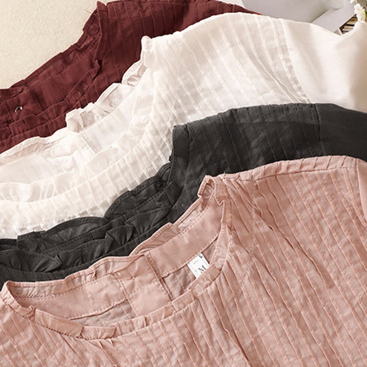 Buddha Stones Summer Pure Color Ruffled Pleated Design Women's Cotton Short Sleeve Shirt - image 20