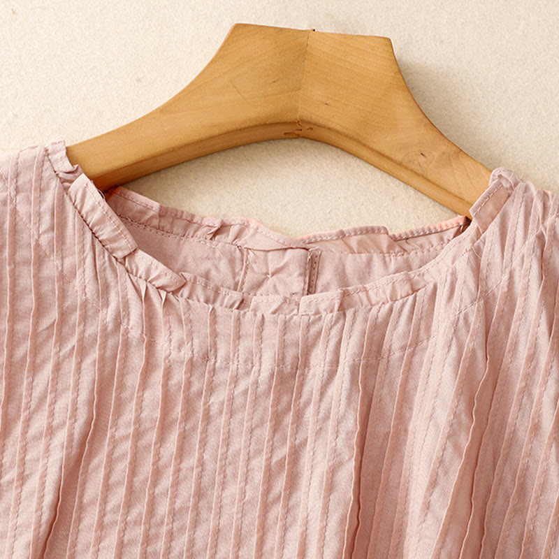 Buddha Stones Summer Pure Color Ruffled Pleated Design Women's Cotton Short Sleeve Shirt - image 2