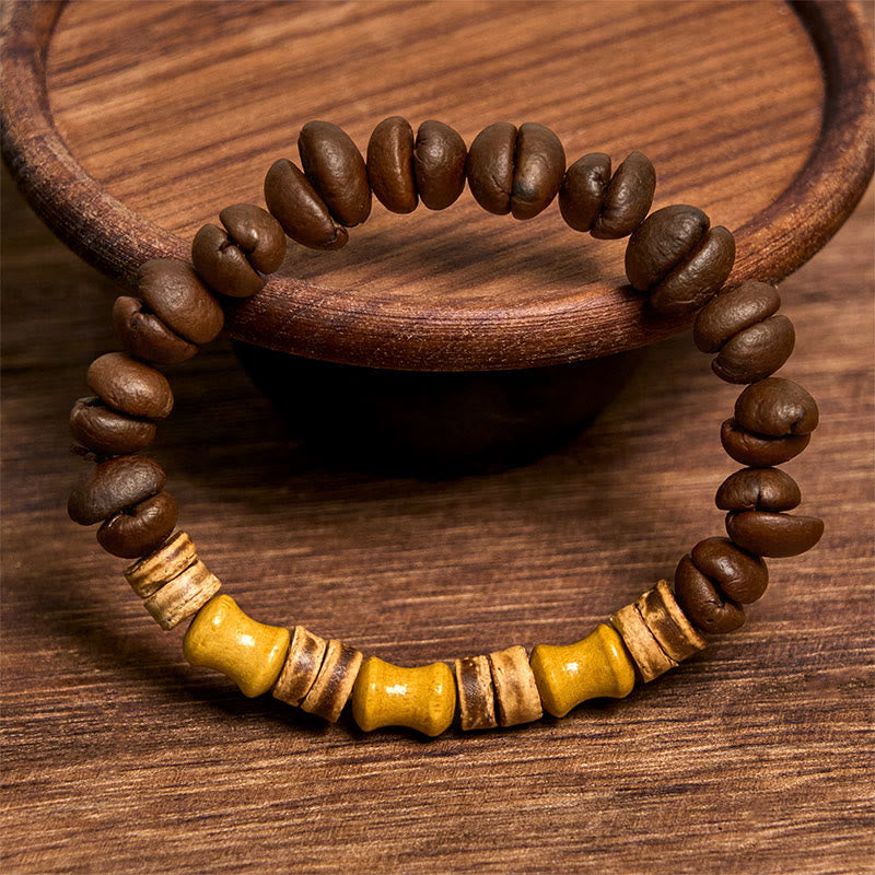 Buddha Stones Handmade Natural Coffee Beans Coconut Shell Bamboo Jade Positive Bracelet - image 2