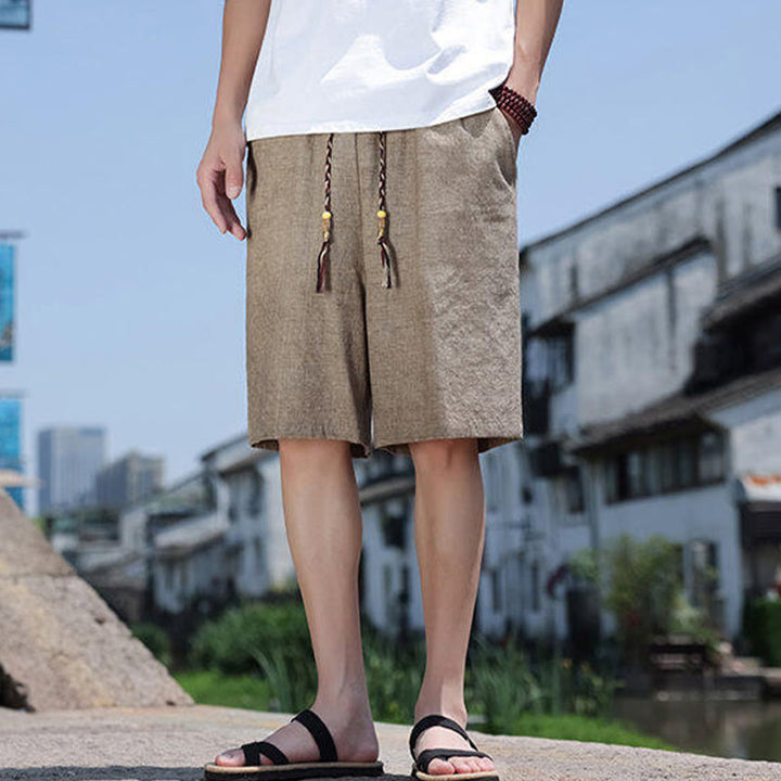 Buddha Stones Weaving Waist Rope Beads Cropped Linen Men's Shorts With Pockets - image 1