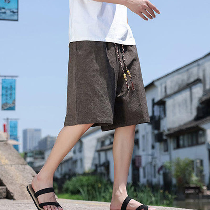 Buddha Stones Weaving Waist Rope Beads Cropped Linen Men's Shorts With Pockets - image 12