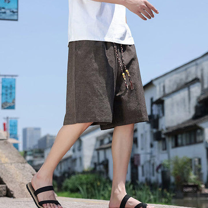 Buddha Stones Weaving Waist Rope Beads Cropped Linen Men's Shorts With Pockets - image 12