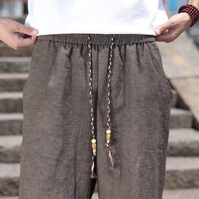 Buddha Stones Weaving Waist Rope Beads Cropped Linen Men's Shorts With Pockets - image 16