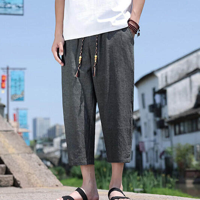 Buddha Stones Casual Woven Bead Waist Rope Men's 7-8 Length Spandex Pants With Pockets - image 3