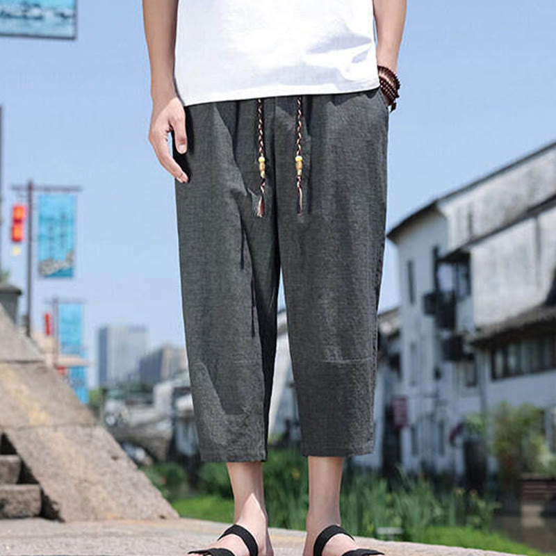 Buddha Stones Casual Woven Bead Waist Rope Men's 7-8 Length Spandex Pants With Pockets - image 5