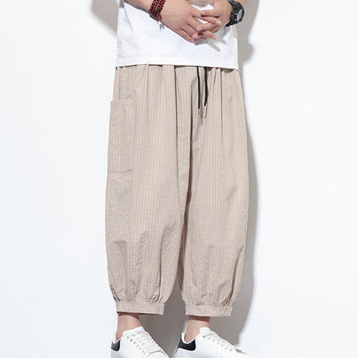 Buddha Stones Casual Striped Men's Cotton 7-8 Length Harem Pants With Pockets - image 5