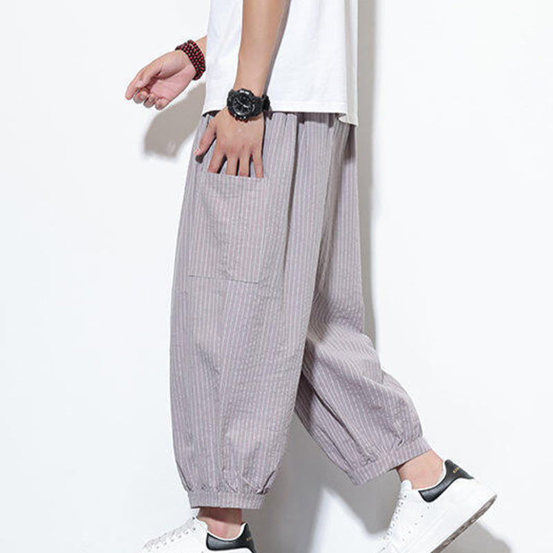 Buddha Stones Casual Striped Men's Cotton 7-8 Length Harem Pants With Pockets - RosyBrown - US/UK/AU46，EU56 (5XL) - image 8