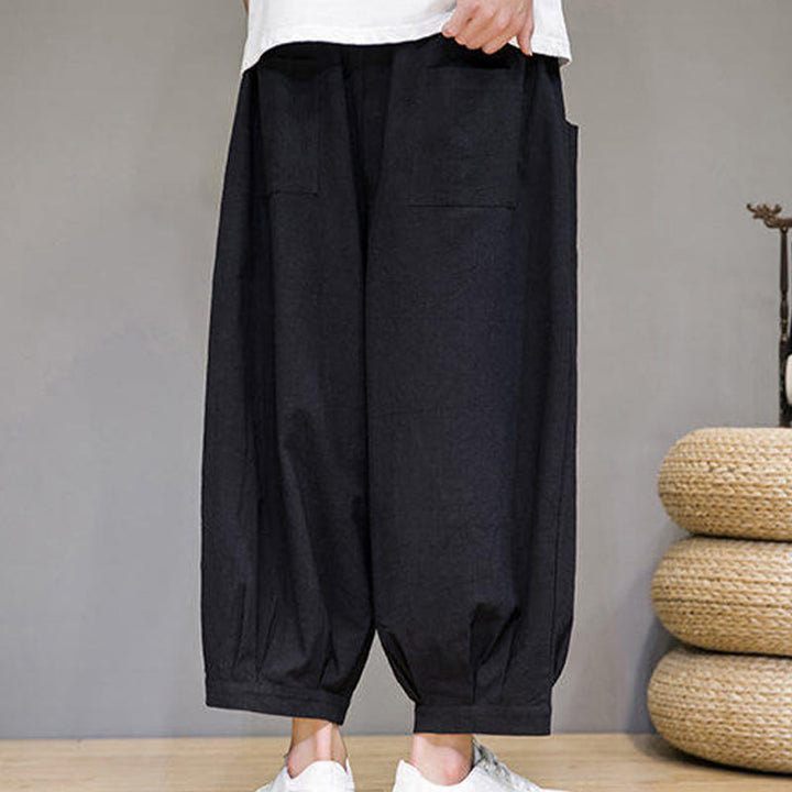 Buddha Stones Casual Plain Men's Cotton 7-8 Length Harem Pants With Pockets - image 23