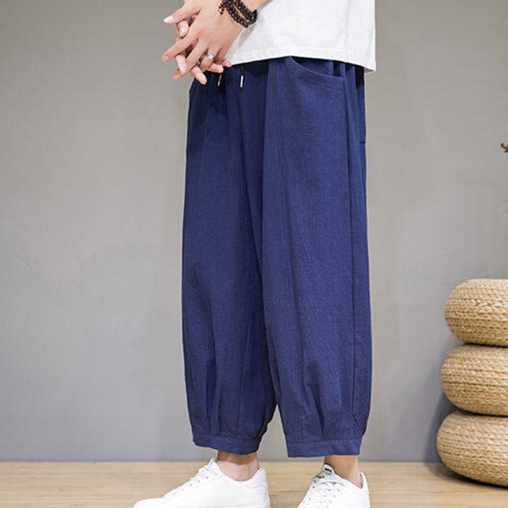 Buddha Stones Casual Plain Men's Cotton 7-8 Length Harem Pants With Pockets - image 34