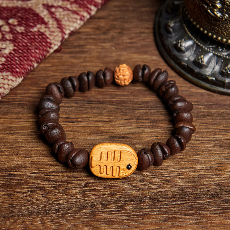 Buddha Stones Handmade Fishbone Real Coffee Beans Wenge Wood Bracelet - Coffee Bean(Wrist Circumference: 17.5cm) - image 1