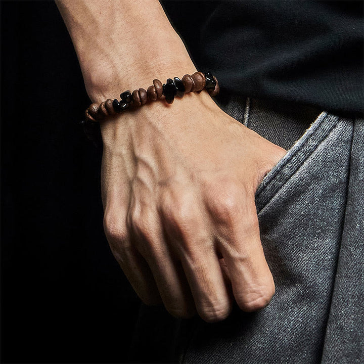 Buddha Stones Natural Coffee Beans Black Obsidian Rutilated Quartz Strength Bracelet - image 5