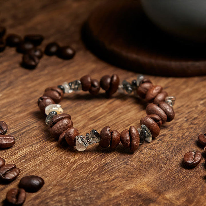 Buddha Stones Natural Coffee Beans Black Obsidian Rutilated Quartz Strength Bracelet - image 9