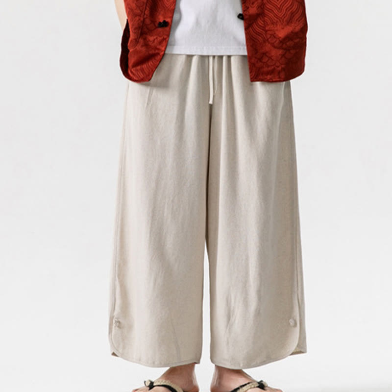 Buddha Stones Casual Loose Frog-Button Plain Men's Cotton Linen 7-8 Length Pants With Pockets - image 7
