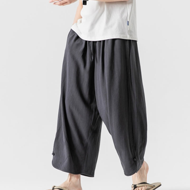 Buddha Stones Casual Loose Frog-Button Plain Men's Cotton Linen 7-8 Length Pants With Pockets - image 33