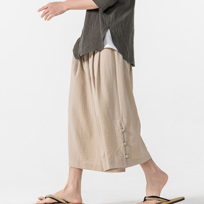 Buddha Stones Casual Loose Frog-Button Plain Men's Cotton 7-8 Length Wide Leg Pants With Pockets - image 13