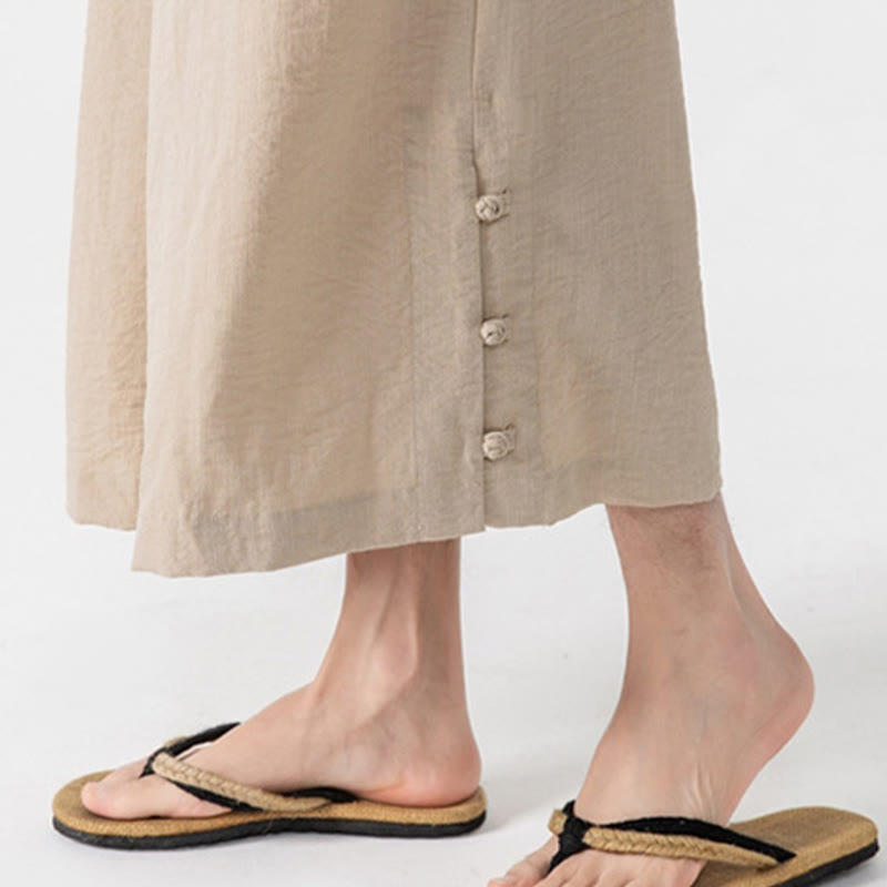 Buddha Stones Casual Loose Frog-Button Plain Men's Cotton 7-8 Length Wide Leg Pants With Pockets - image 7