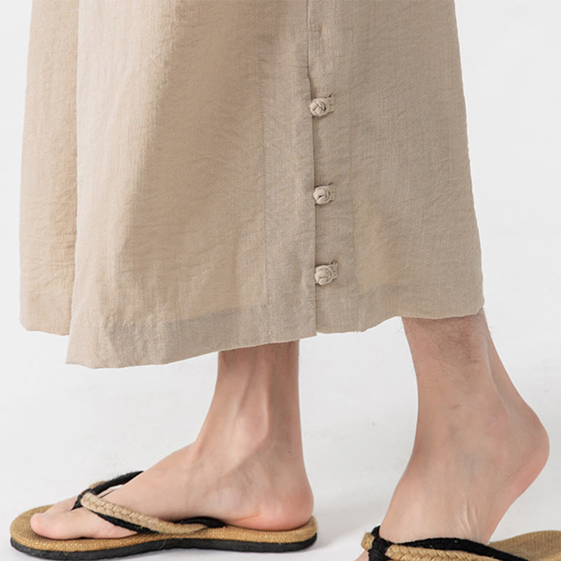 Buddha Stones Casual Loose Frog-Button Plain Men's Cotton 7-8 Length Wide Leg Pants With Pockets - image 9