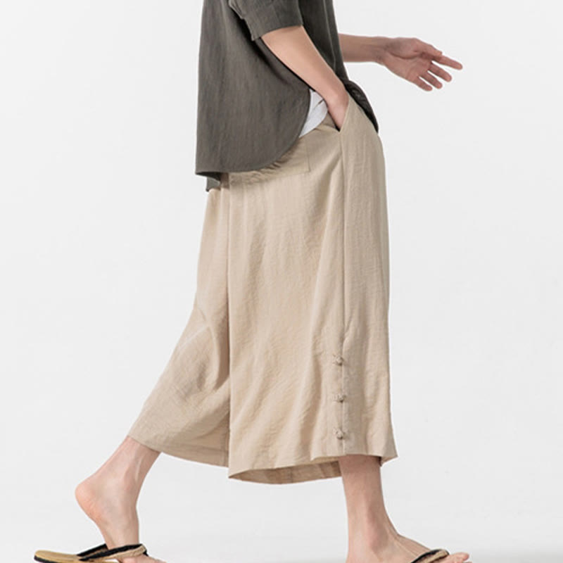 Buddha Stones Casual Loose Frog-Button Plain Men's Cotton 7-8 Length Wide Leg Pants With Pockets - image 6