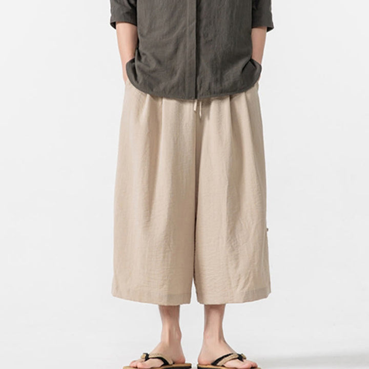 Buddha Stones Casual Loose Frog-Button Plain Men's Cotton 7-8 Length Wide Leg Pants With Pockets - image 10