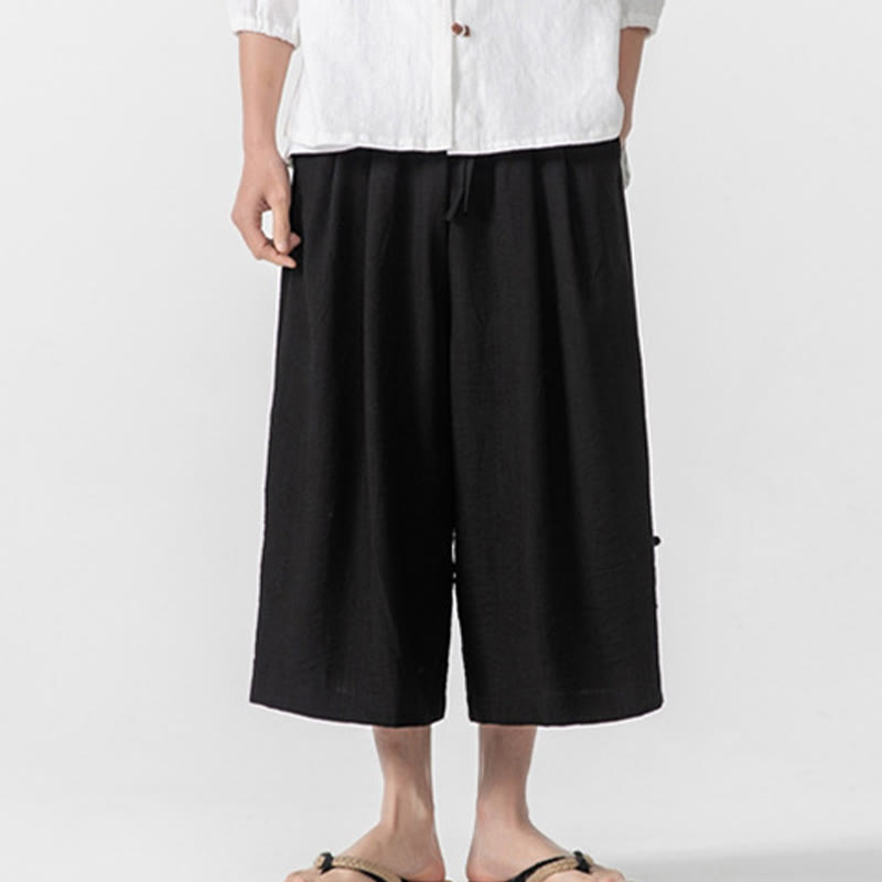 Buddha Stones Casual Loose Frog-Button Plain Men's Cotton 7-8 Length Wide Leg Pants With Pockets - Black - US/UK/AU46，EU56 (5XL) - image 15