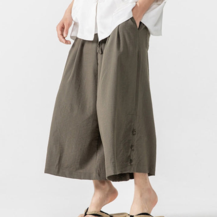Buddha Stones Casual Loose Frog-Button Plain Men's Cotton 7-8 Length Wide Leg Pants With Pockets - Olive - US/UK/AU46，EU56 (5XL) - image 24