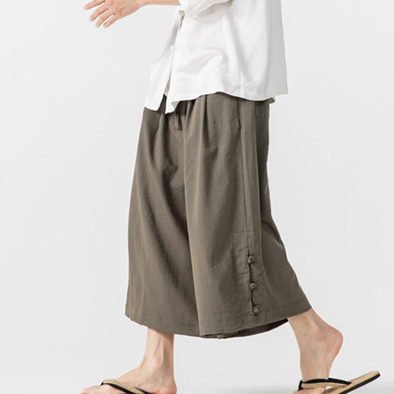 Buddha Stones Casual Loose Frog-Button Plain Men's Cotton 7-8 Length Wide Leg Pants With Pockets - image 27