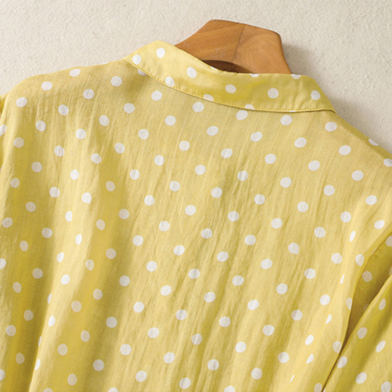 Buddha Stones Spring Polka Dot Button Stand Collar Polyester Midi Dress With Pockets - image 4