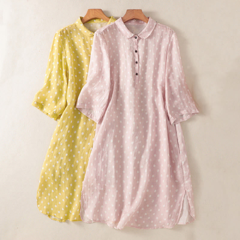 Buddha Stones Spring Polka Dot Button Stand Collar Polyester Midi Dress With Pockets - image 20