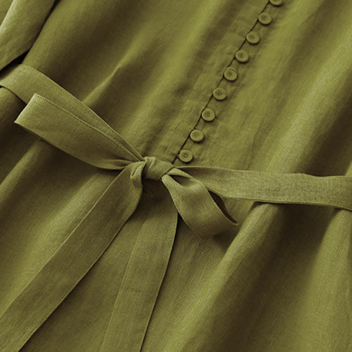 Buddha Stones Spring Plain Crew Neck Lace-up Half Sleeve Cotton Linen Midi Dress - image 5